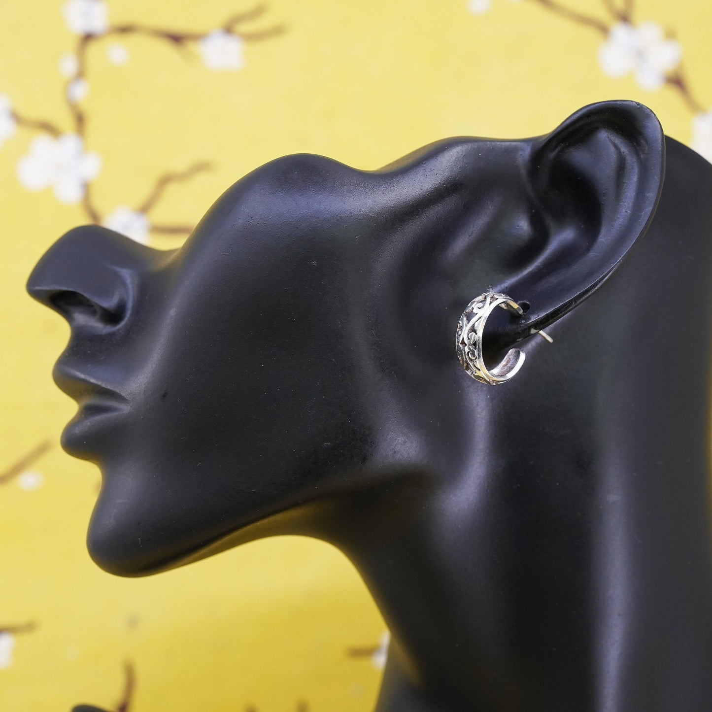 Vintage Sterling silver handmade earrings, 925 huggie, filigree hoops studs