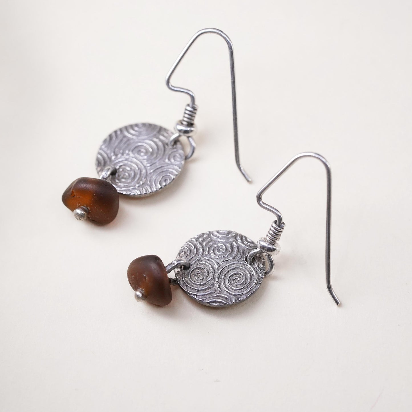 Vintage sterling 925 silver handmade spiral disc earrings with amber bead