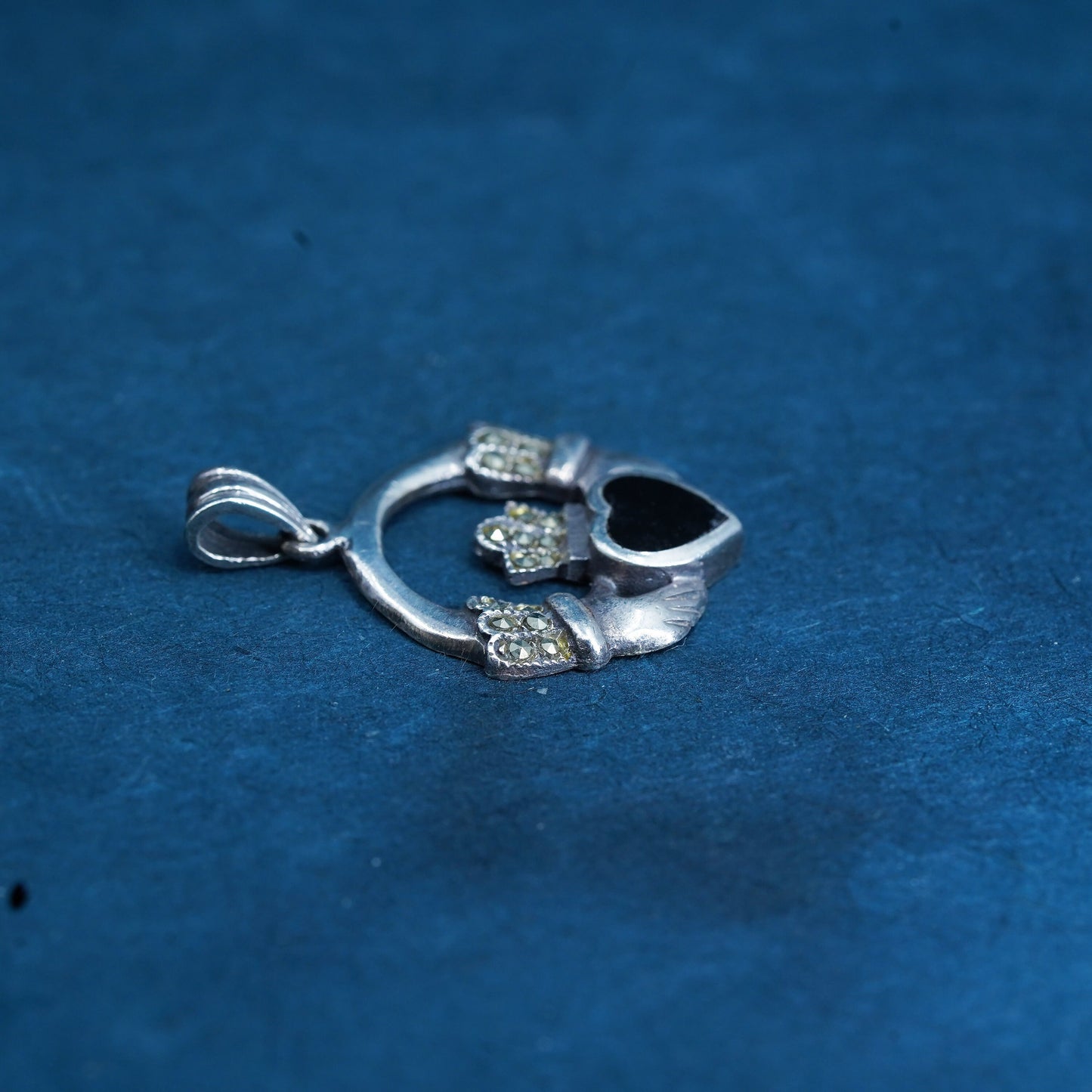 Sterling silver pendant onyx marcasite, 925 Irish claddagh holding heart charm
