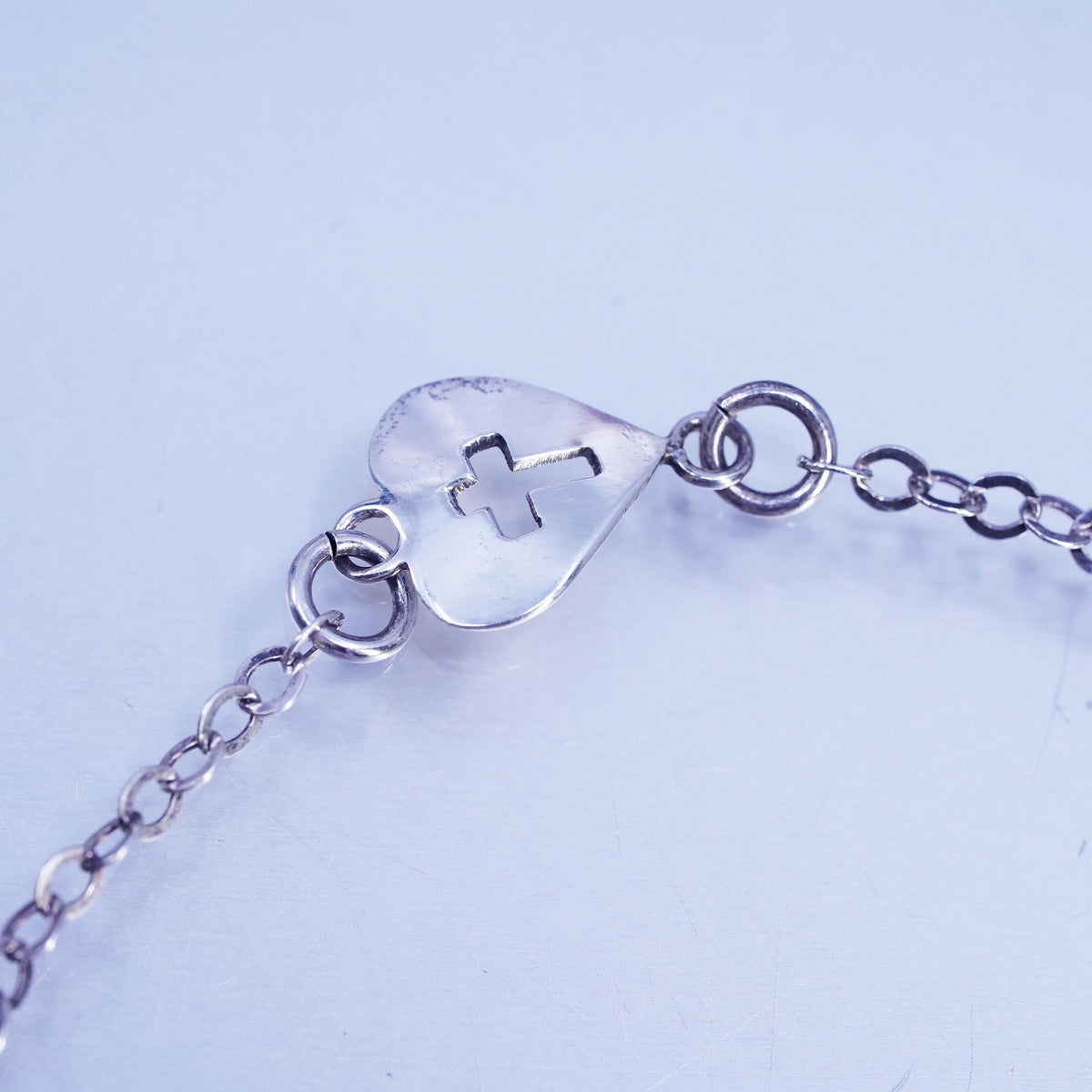 7" 2mm, Vintage Sterling 925 silver handmade bracelet, heart charm cross cutout