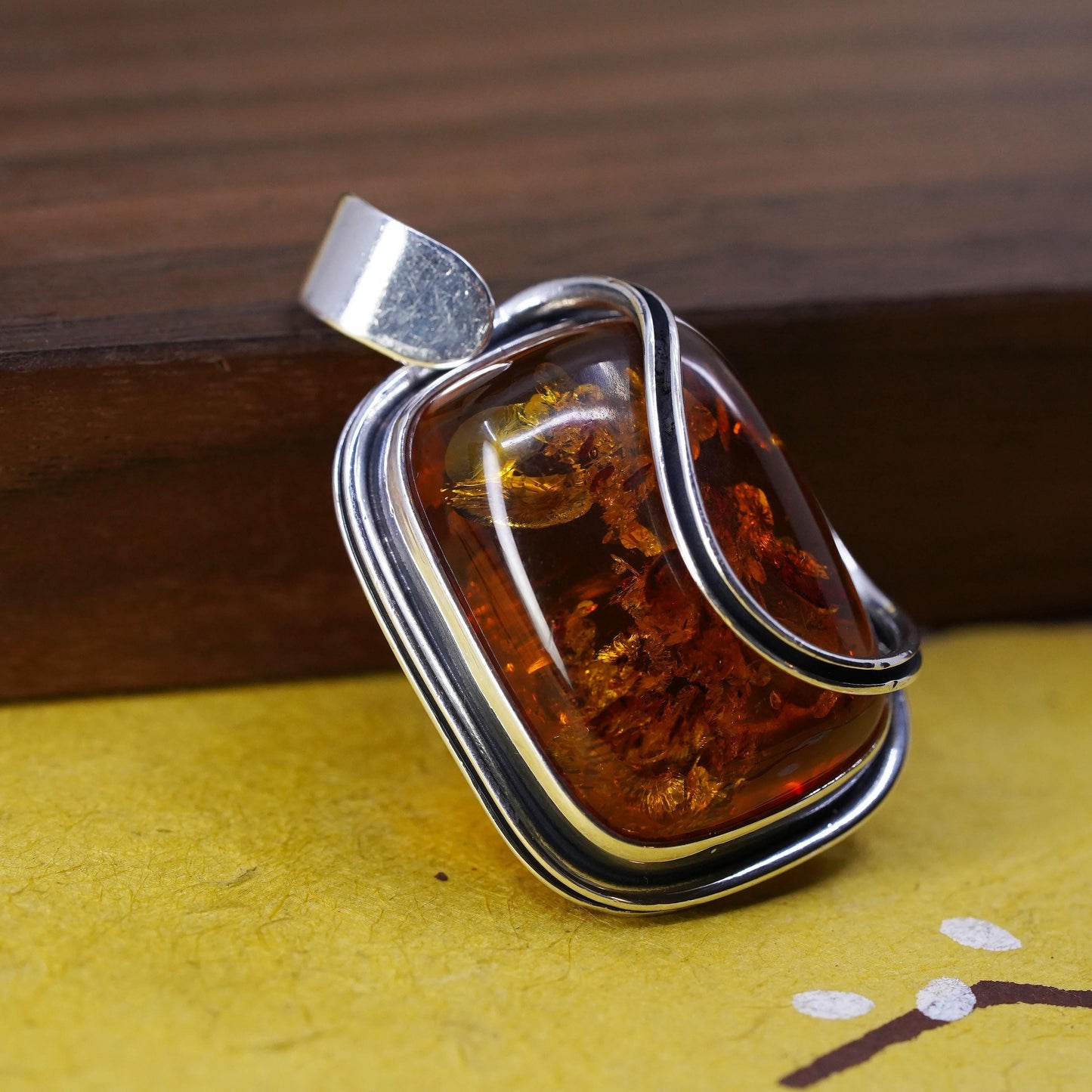 Vintage modern Sterling 925 silver handmade pendant with amber pendant