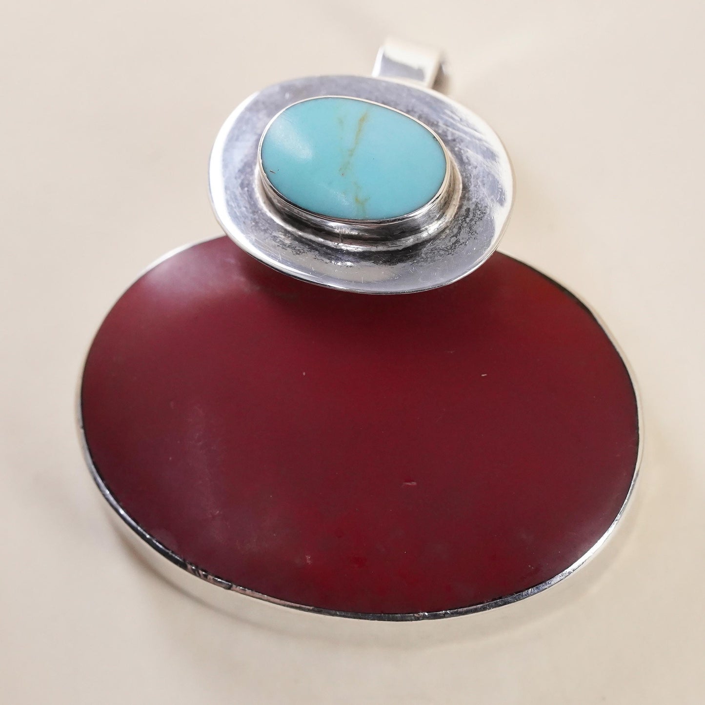 Vintage Mexican sterling silver pendant, double oval 925 onyx turquoise inlay