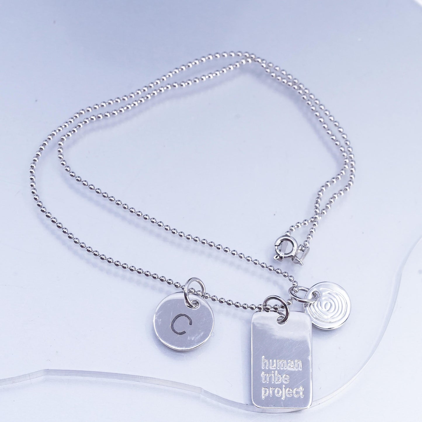 18", vintage Sterling 925 silver box chain necklace cluster cz bead pendant
