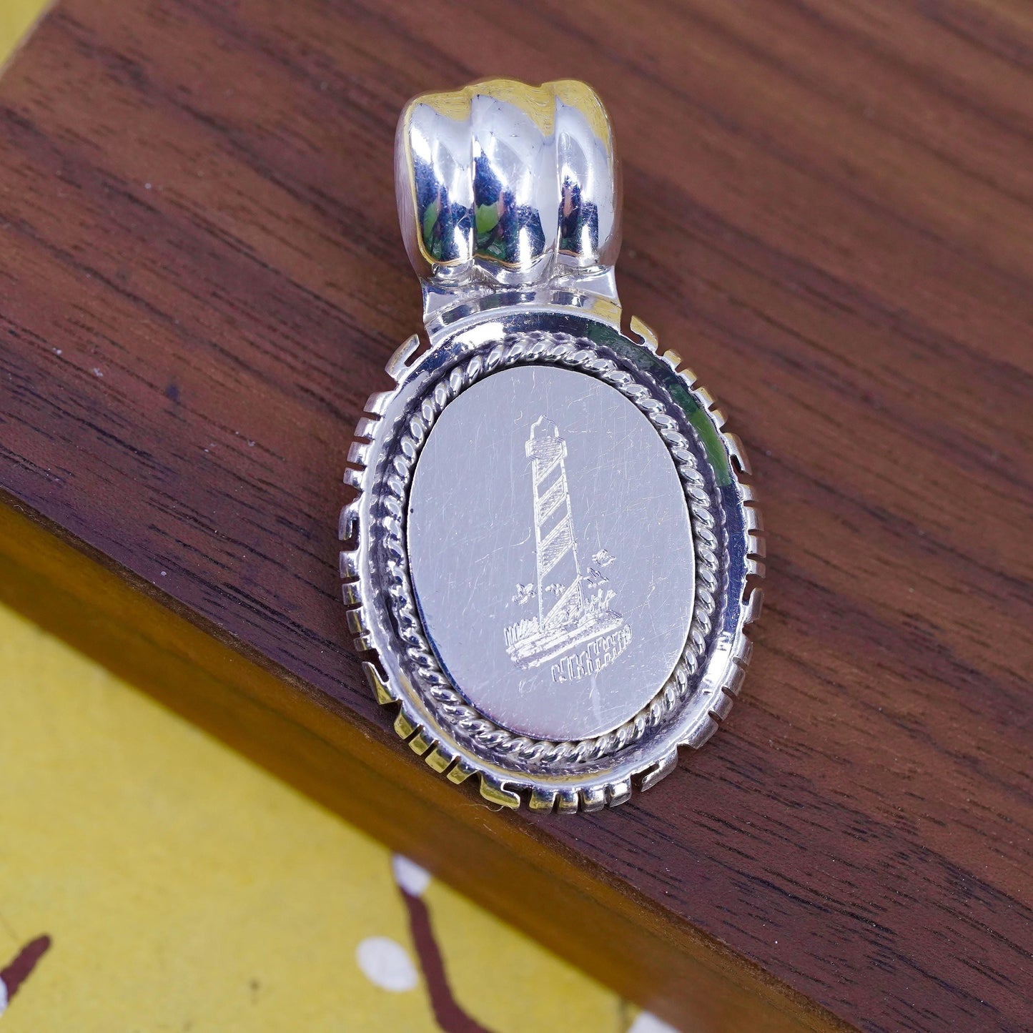 southwestern sterling silver pendant, 925 pendant engraved lighthouse cable