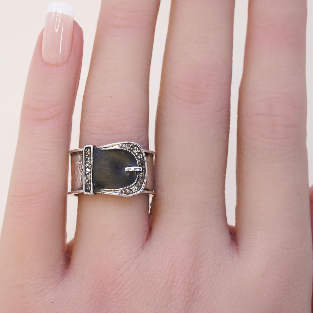 Size 8, VTG Sterling Silver 925 Belt Buckle Ring, Onyx Buckle Band, Marcasite