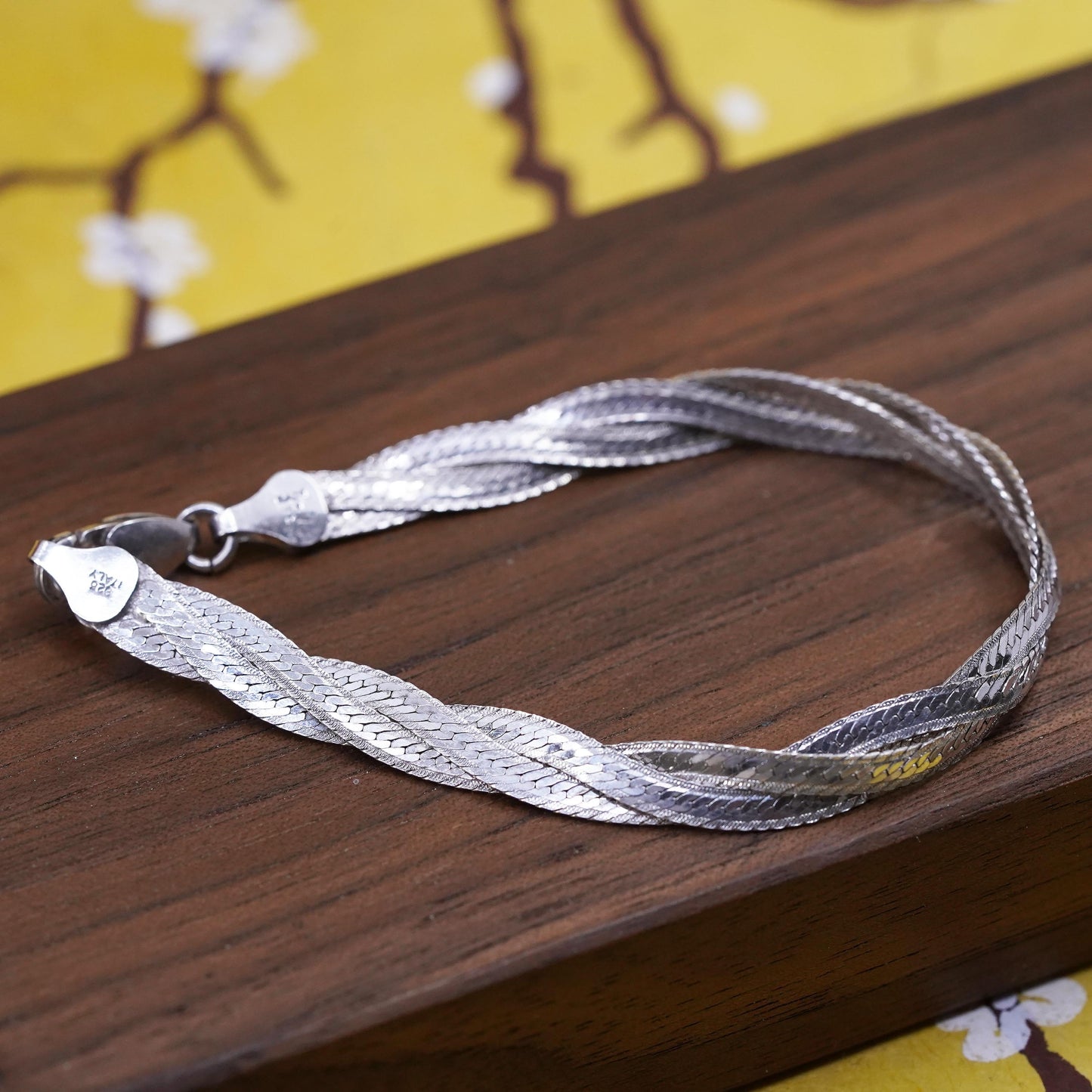 6.75", vtg Sterling silver braided woven herringbone bracelet, Italy 925 chain
