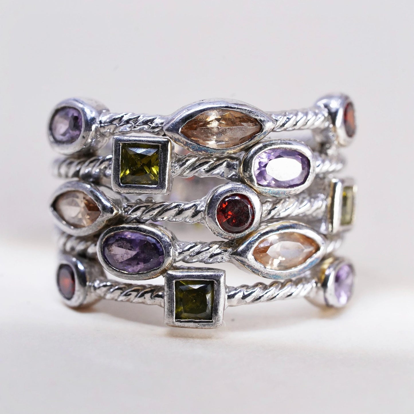 Size 9, 925 Sterling Silver Multi Gemstone Wide Cable Band Ring, Peridot Topaz
