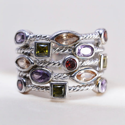 Size 9, 925 Sterling Silver Multi Gemstone Wide Cable Band Ring, Peridot Topaz
