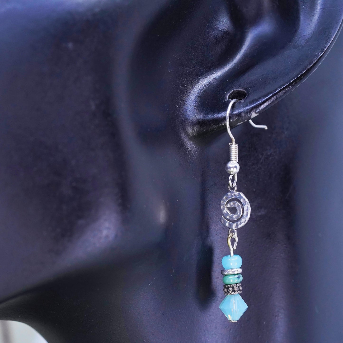 Vintage Sterling 925 silver handmade spiral earrings with Chalcedony beads
