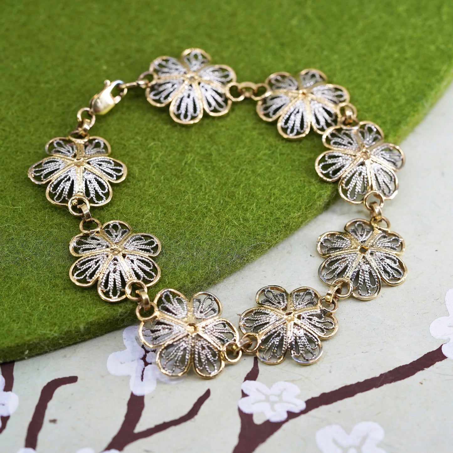 7", Italian sterling silver handmade bracelet, 925 filigree flower link chain