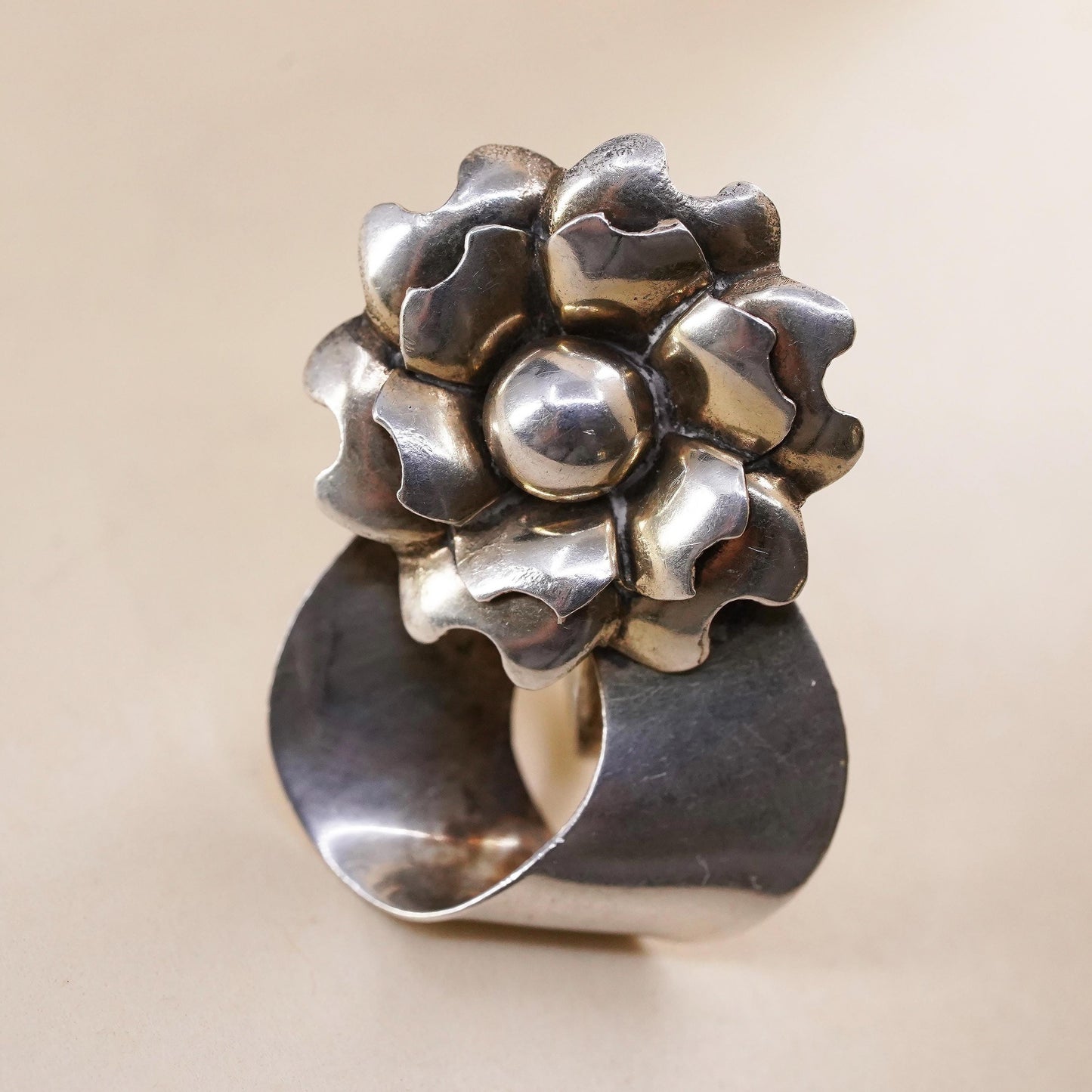Vintage sterling silver handmade single earring, 925 screw back flower