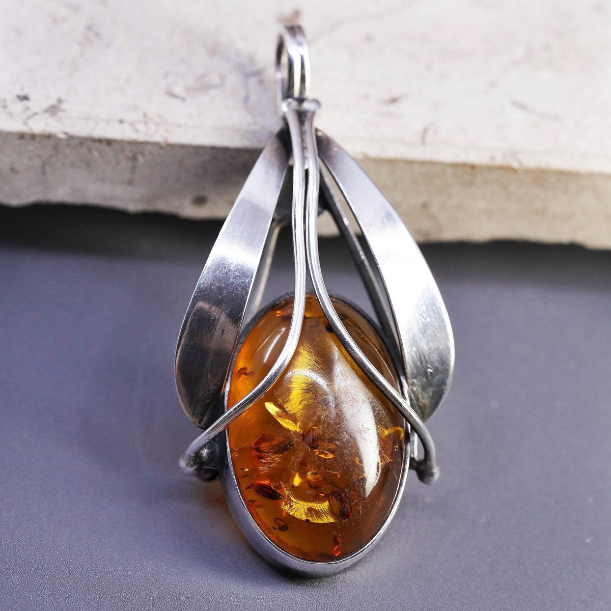 Vintage southwestern sterling silver handmade teardrop pendant 925 amber brooch