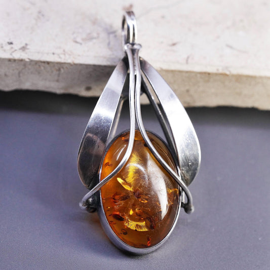 Vintage southwestern sterling silver handmade teardrop pendant 925 amber brooch