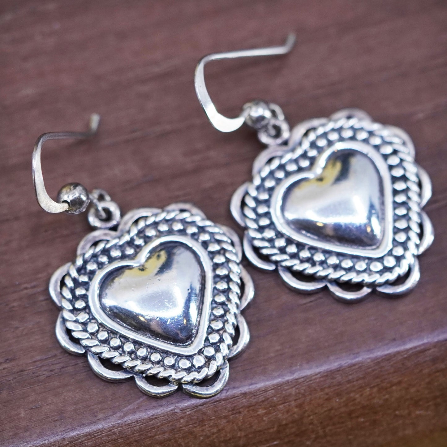 Vintage Sterling silver handmade earrings, textured 925 heart drops