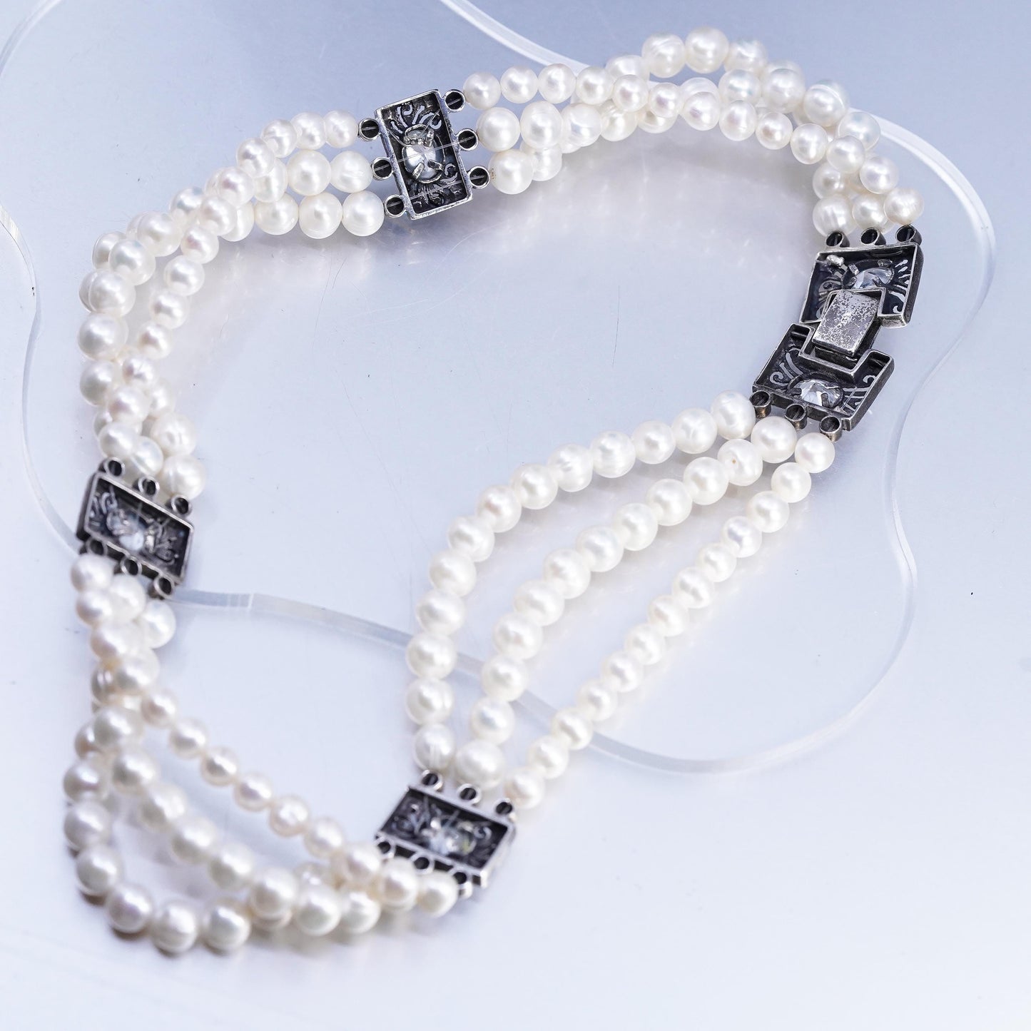 16", multi strands freshwater pearl necklace Sterling 925 silver cz marcasite