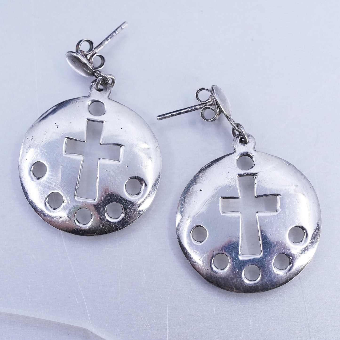 Vintage Sterling 925 silver handmade cross cut out disc earrings