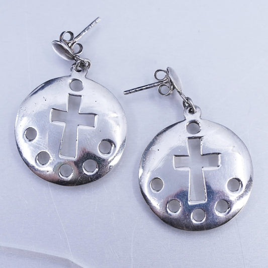 Vintage Sterling 925 silver handmade cross cut out disc earrings