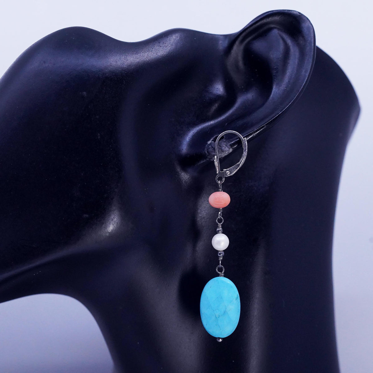Vintage LUC Sterling 925 silver earrings with turquoise oval pearl beads