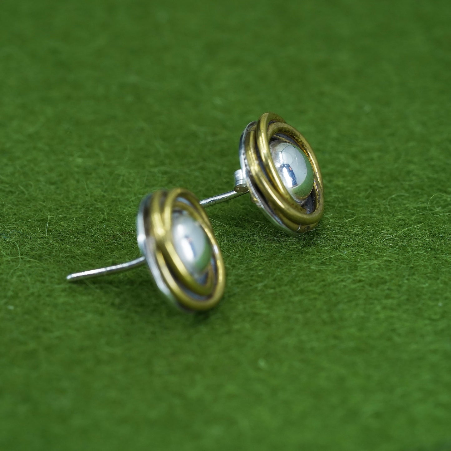 Vintage two tone Mexico Sterling brass studs 925 silver earrings w/ brass cable