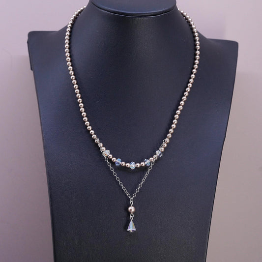 15+1", VTG Emily Ray Sterling 925 silver necklace faux pearls crystal pendant