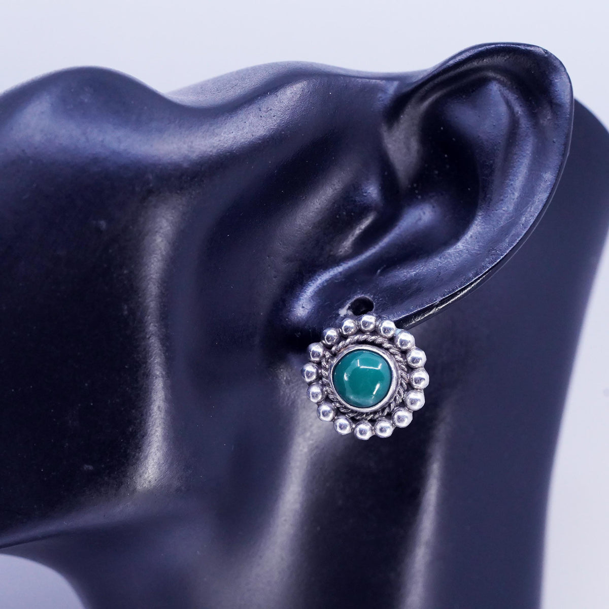 Vintage Mexican Sterling 925 silver earrings, round screw back green jade beads