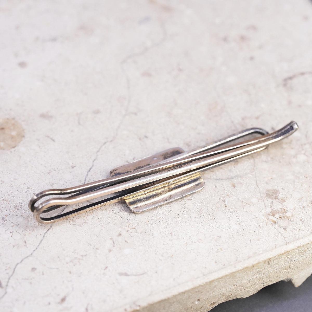 gold tone 830 Silver Black Enamel Tie Bar Gold Inlay Mid Century Men’s Jewelry
