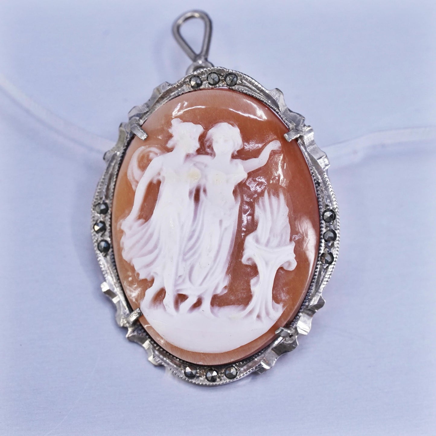 Vintage Sterling 925 silver handmade brooch pendant w/ agate carved cameo girl