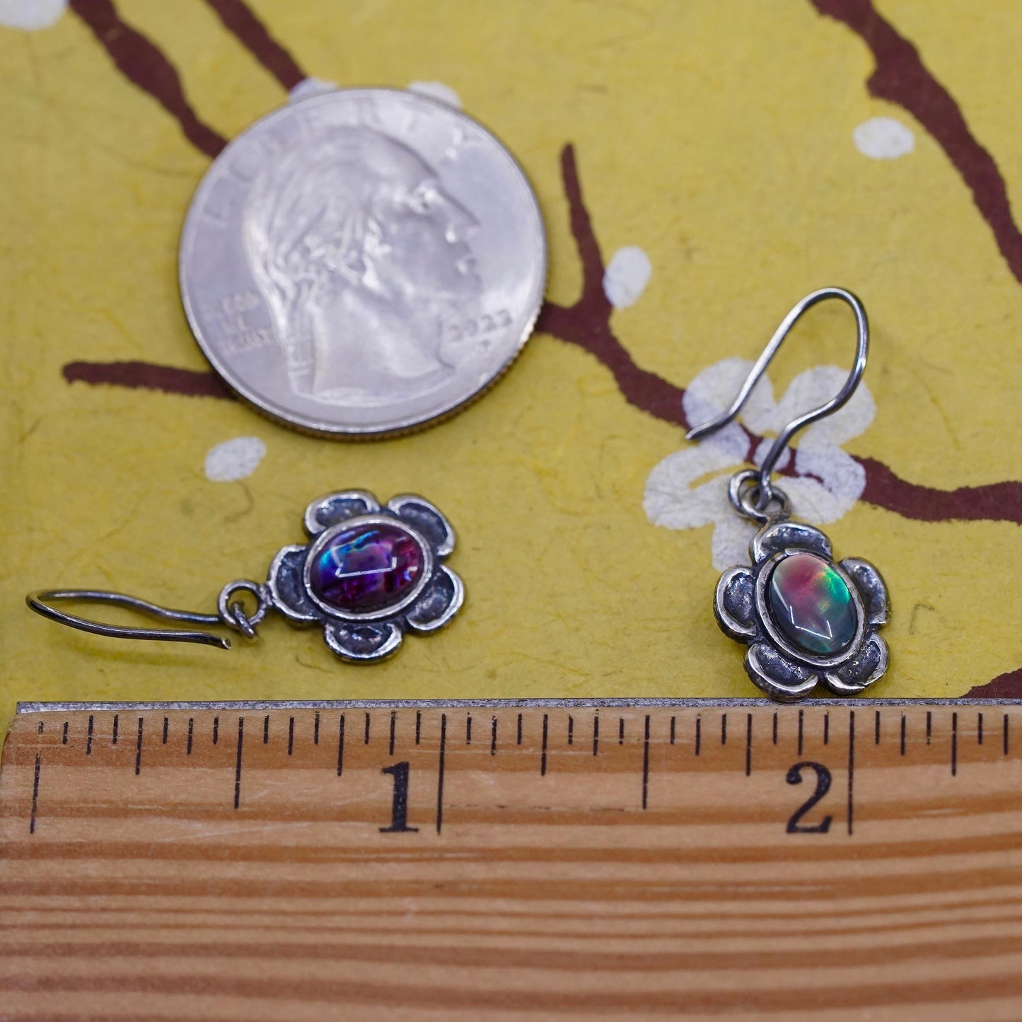 Vintage Brazil sterling 925 silver handmade flower earrings with artisan glass