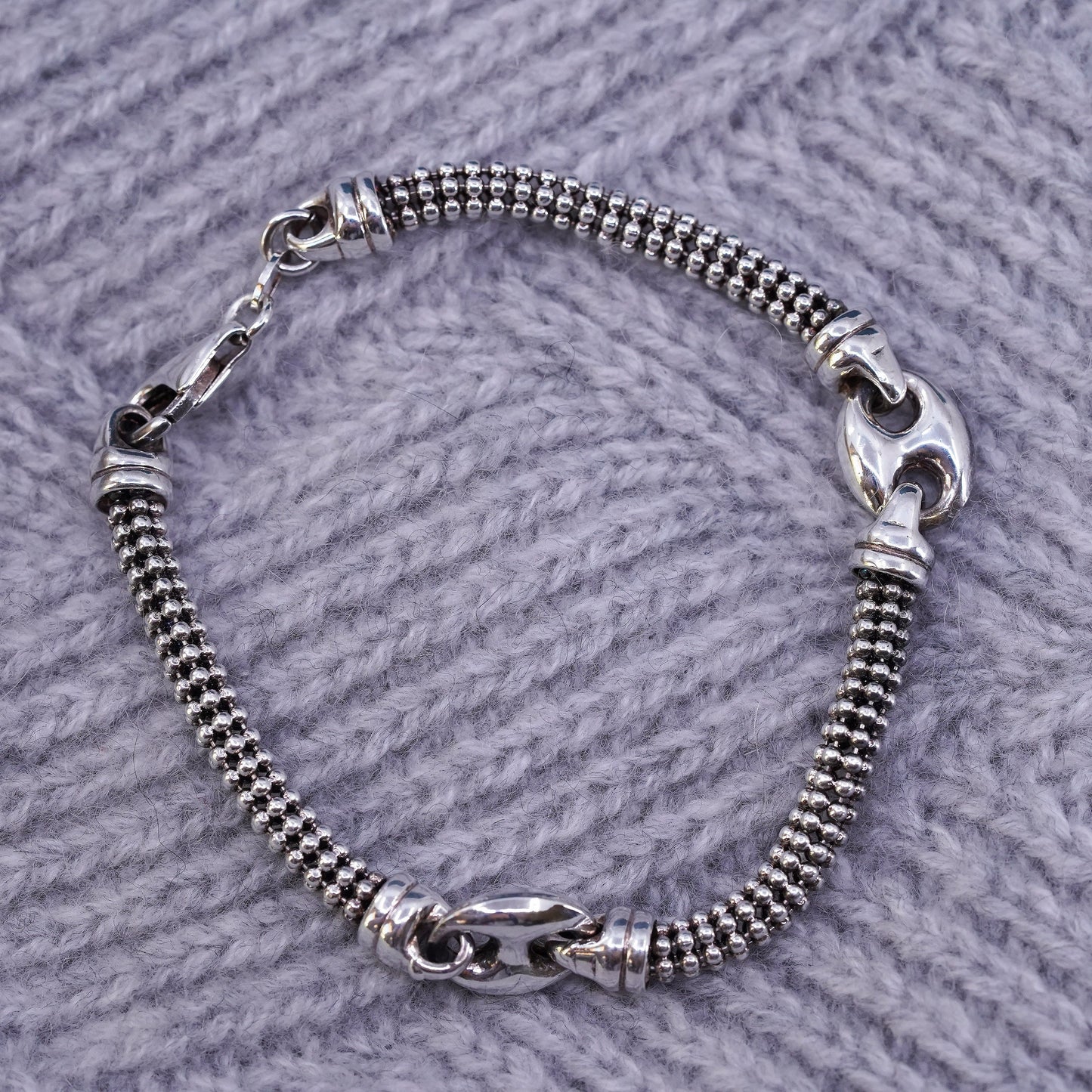 7", Italy Sterling silver handmade chain, 925 beads bracelet and puffy anchor