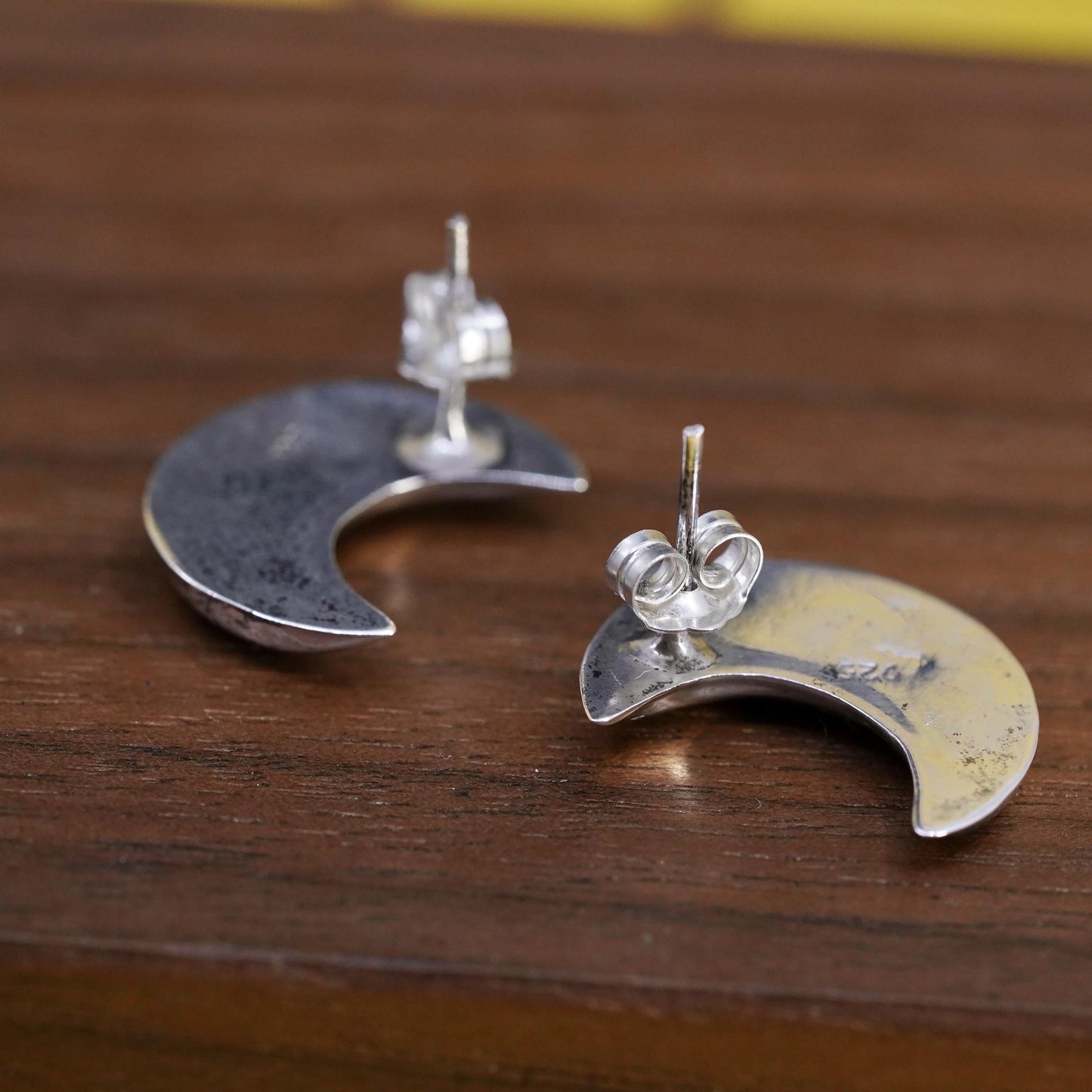 vintage Sterling 925 silver handmade studs, moon earrings with turquoise inlay