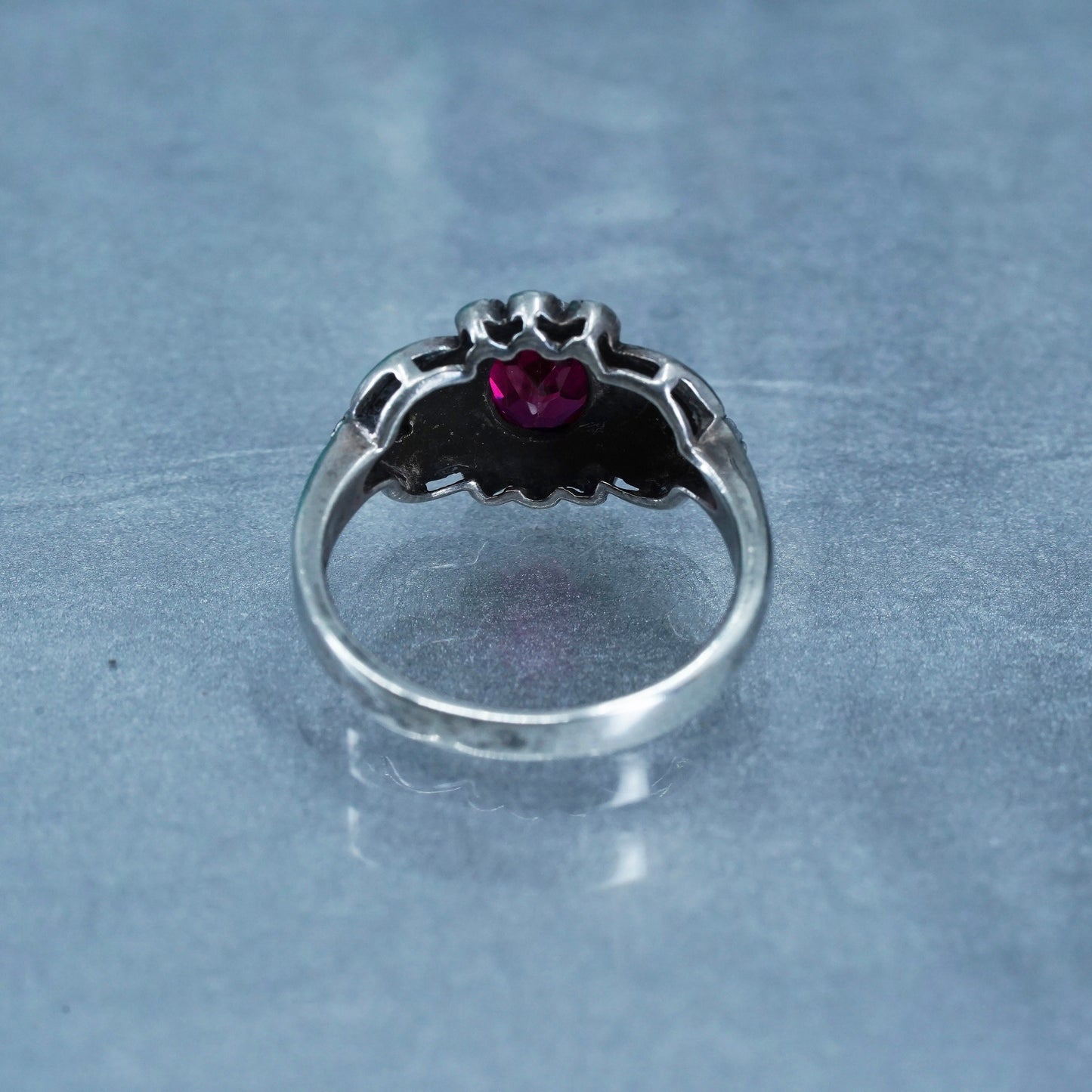 Size 9.5, Sterling 925 silver handmade statement ring with ruby and marcasite