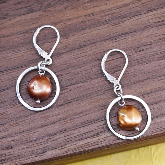 Vintage Sterling 925 silver earrings with orange colored pearl circle dangles