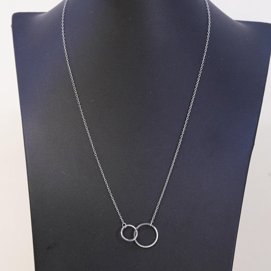 16+2”,, VTG sterling silver necklace, 925 silver circle double circle pendant