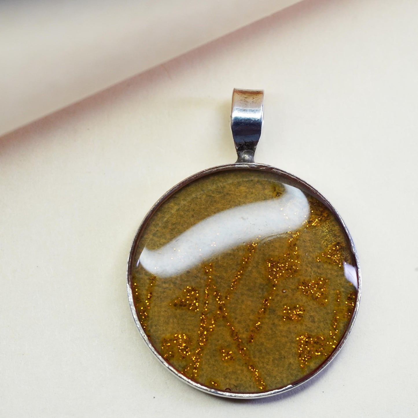 Vintage sterling silver artisan glass pendant, circle dichroic glass pendant