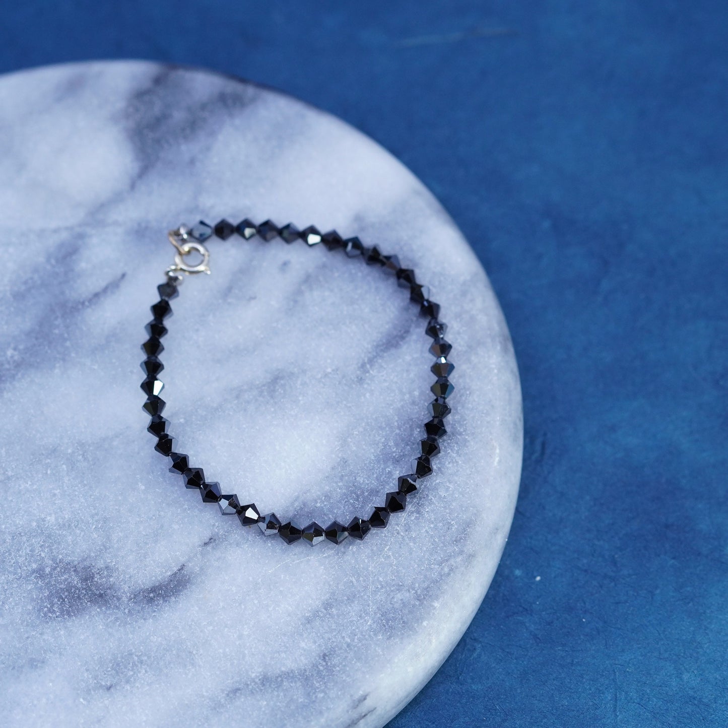 6.5”, vintage Sterling 925 silver handmade bracelet with black crystal