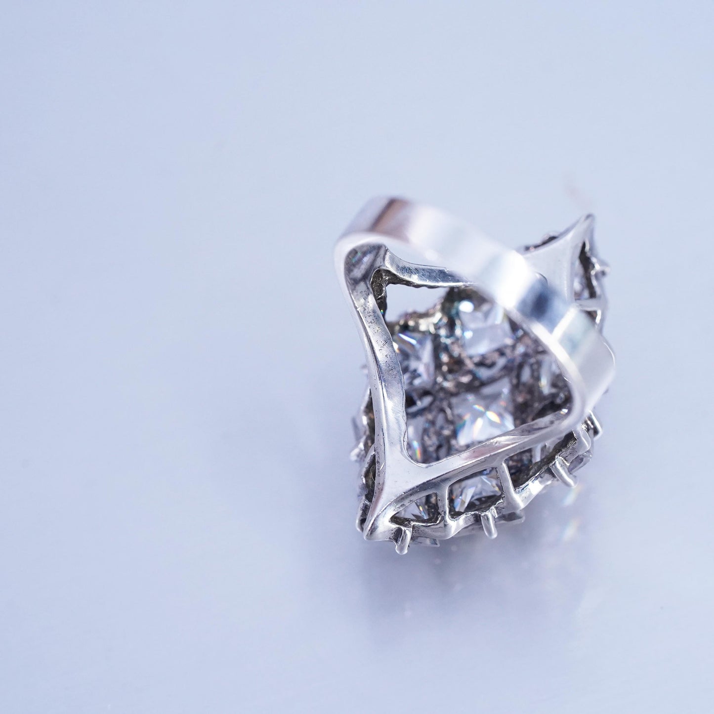 Size 7.5, vintage Sterling 925 silver handmade wide band ring with cluster Cz