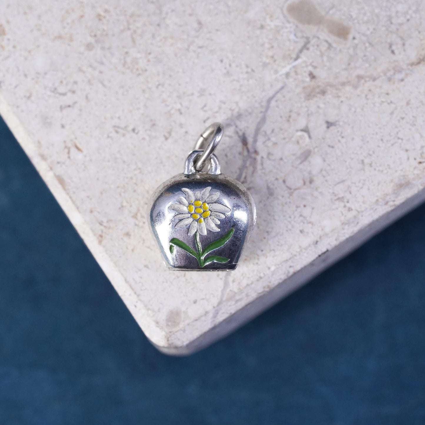Sterling silver handmade chime ball, 925 bell charm with enamel sunflower
