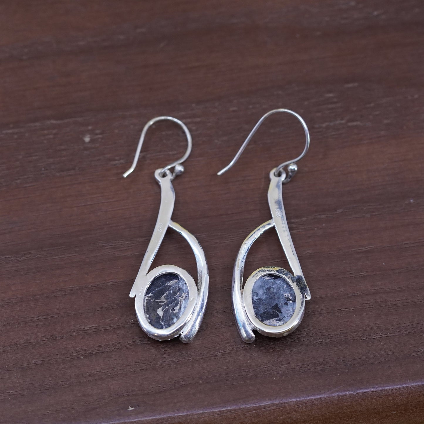 Vintage sterling silver 925 handmade earrings with larvikite inlay