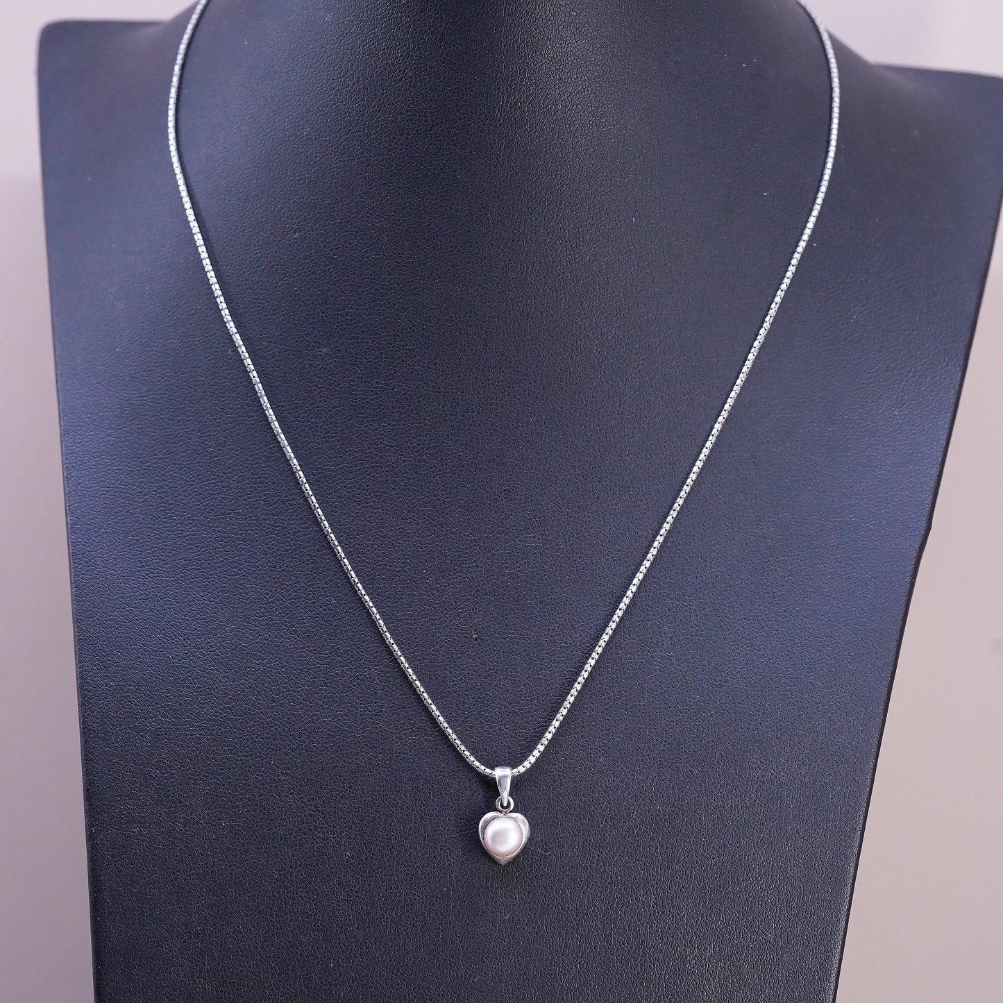 18", vintage sterling silver necklace, 925 snake chain with heart pearl pendant