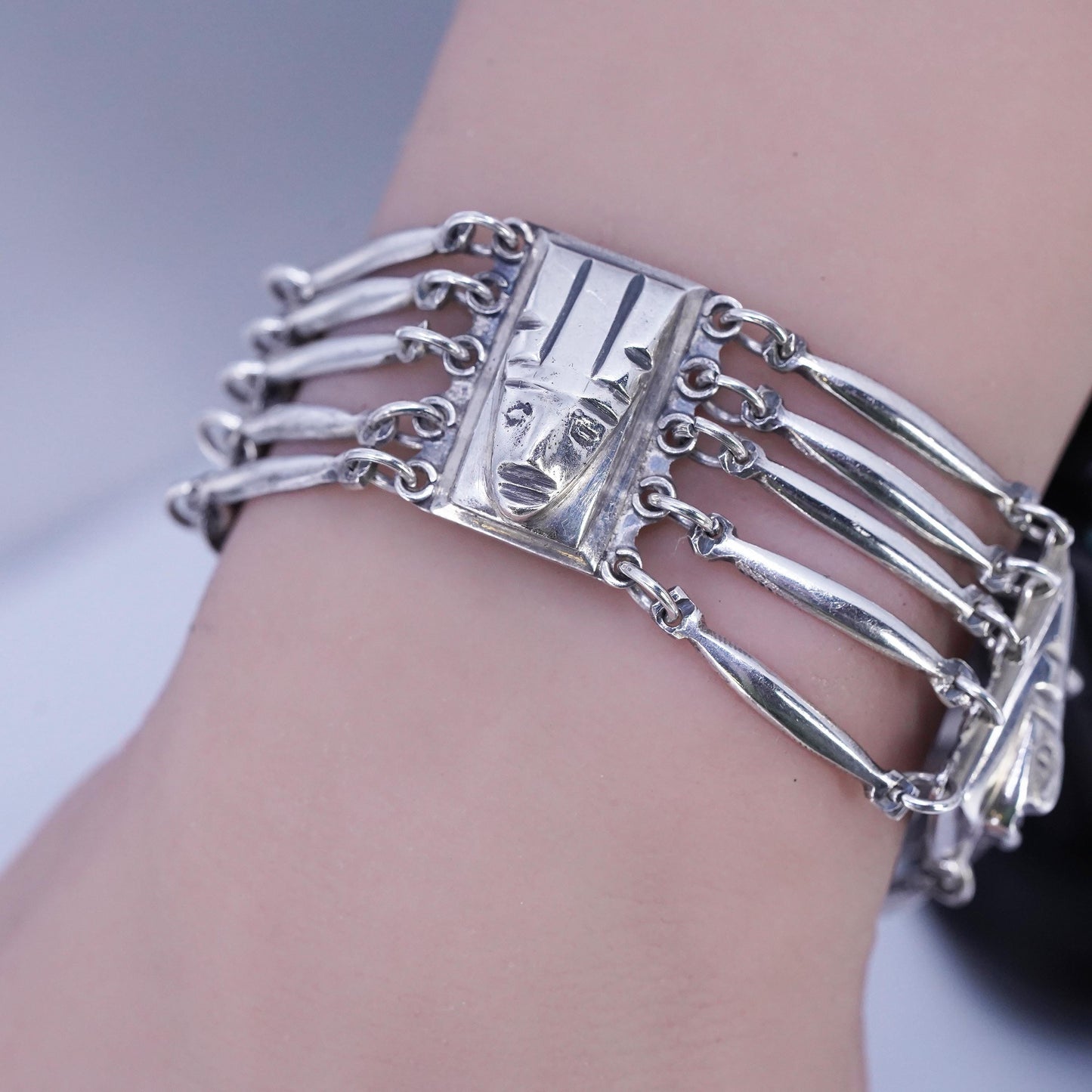 6.5", VTG Mexican southwestern Sterling 925 silver handmade face mask bracelet