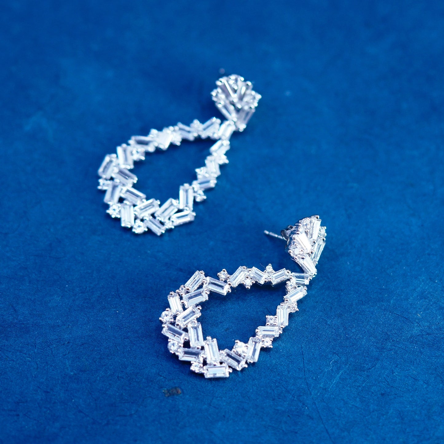 Vintage sterling 925 silver handmade earrings with cluster cz teardrop drops