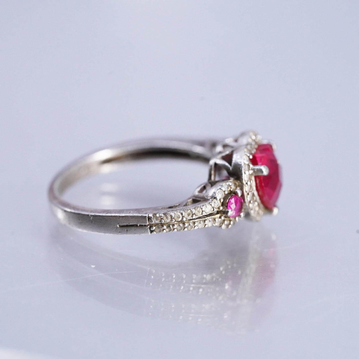 Size 7, PM 925 Sterling Silver Ruby Diamond Heart Ring, July Promise Heart Halo