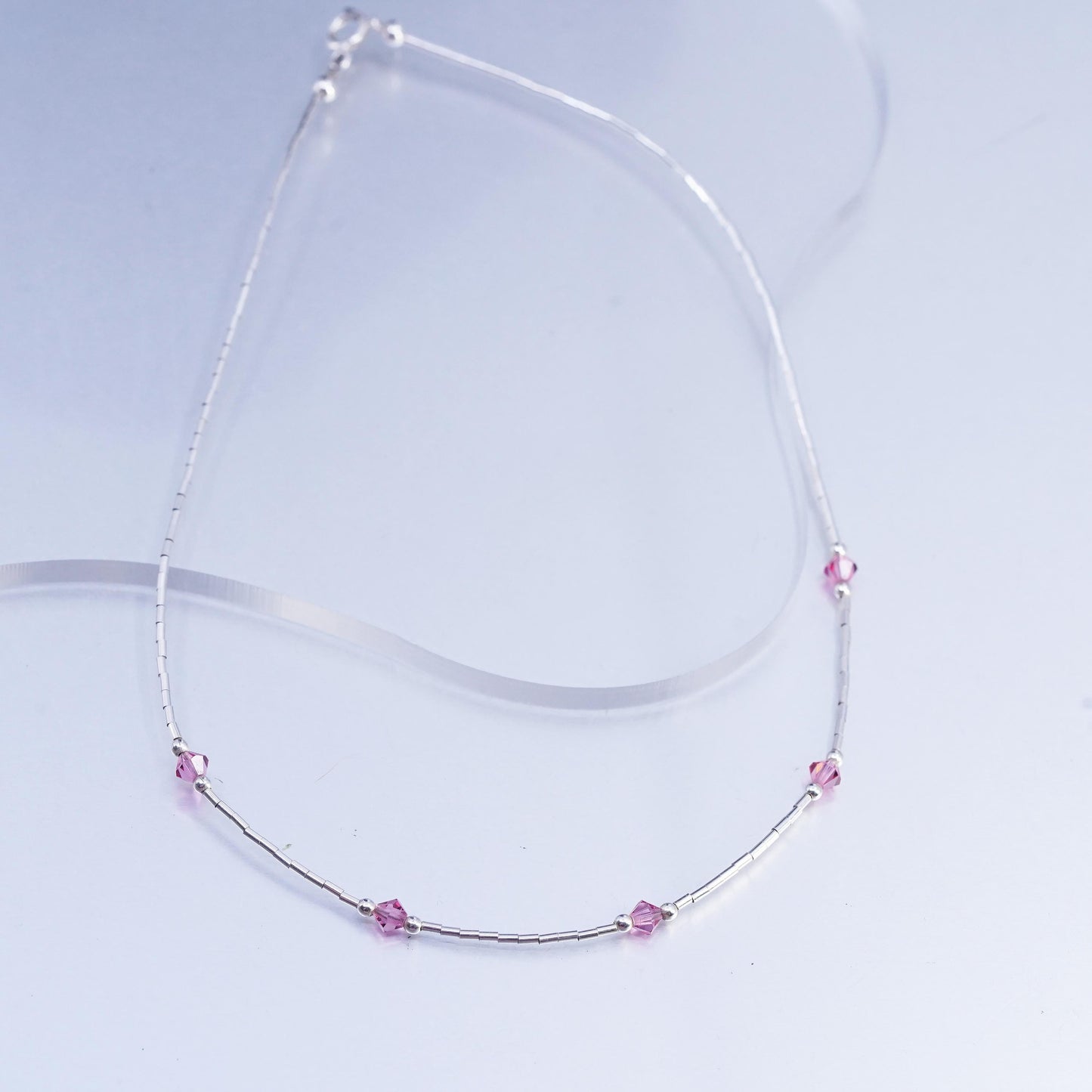 14”, Native American Sterling 925 liquid silver necklace pink crystal beads