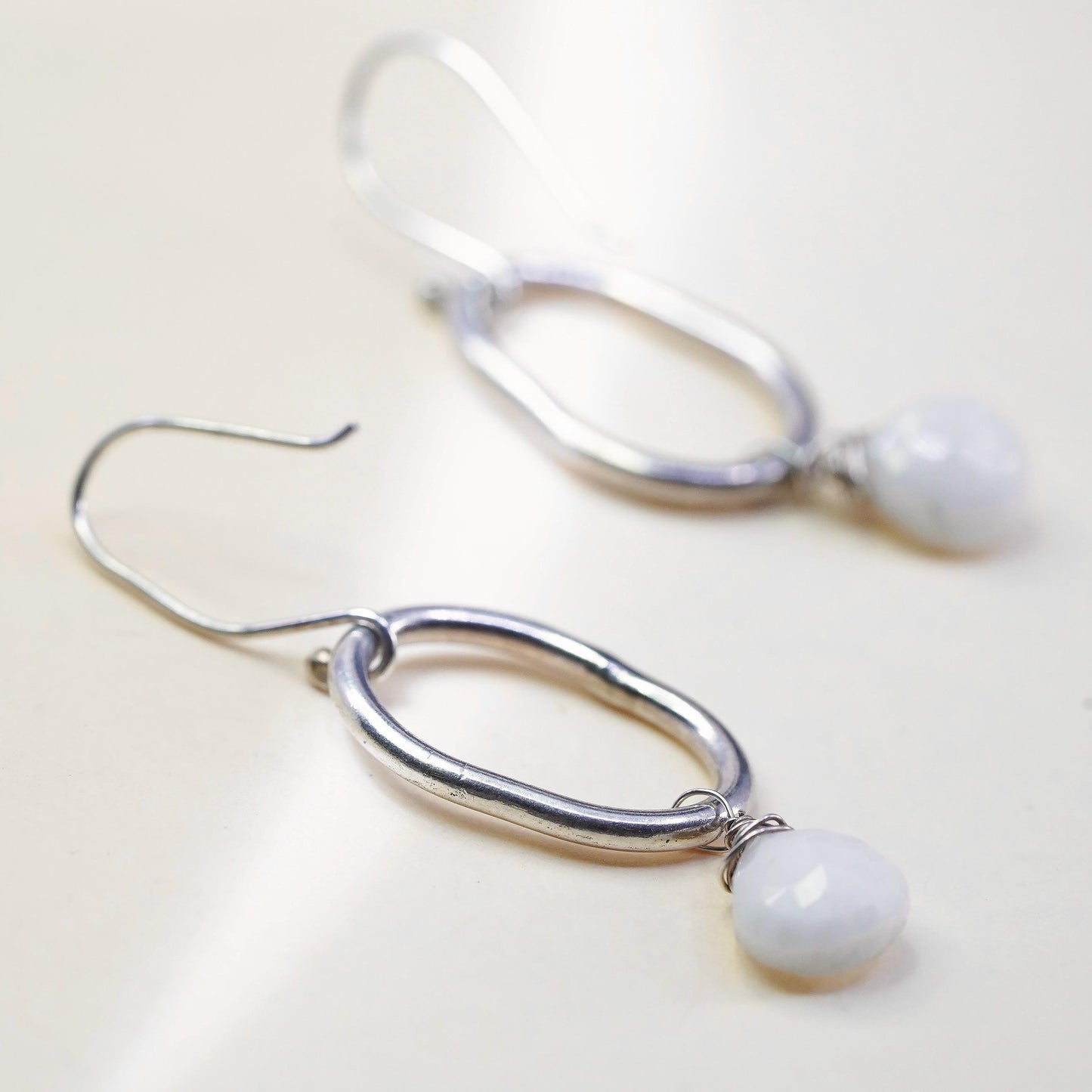 Vintage Sterling silver handmade earrings, 925 oval loop howlite teardrops