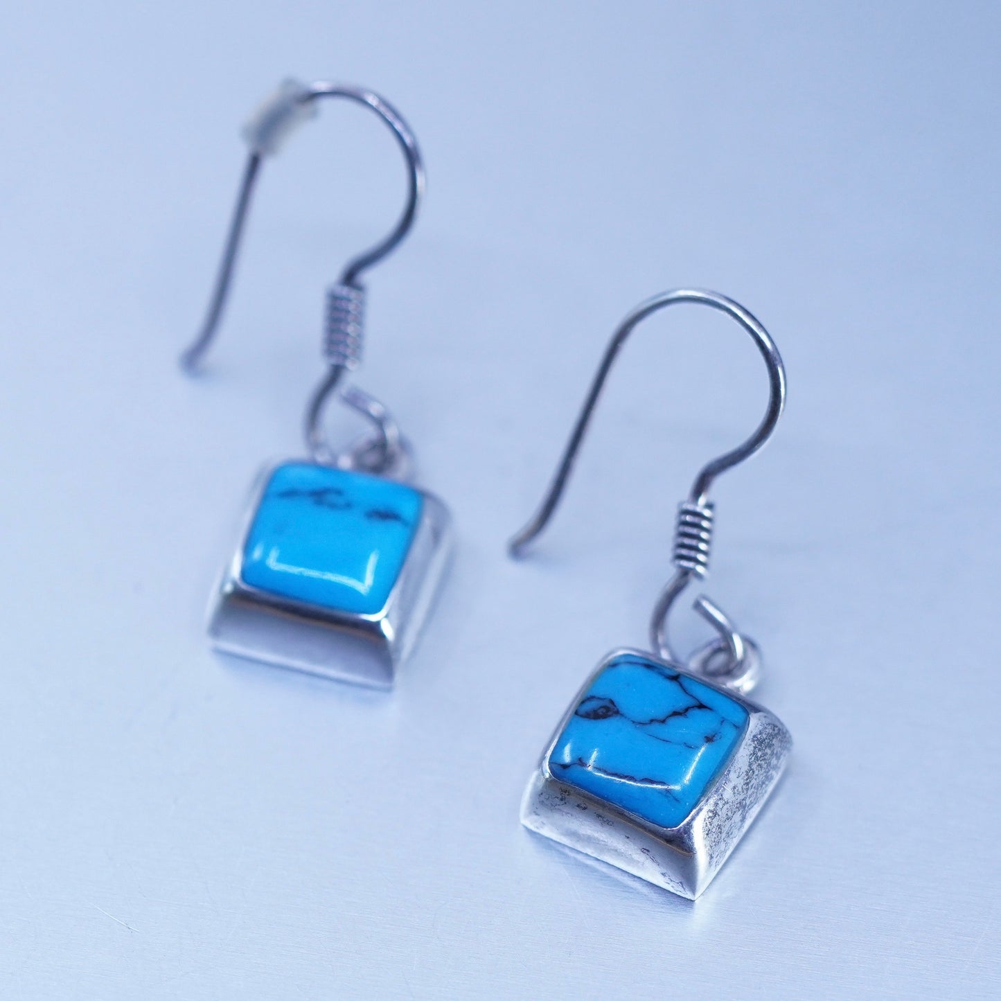 vtg Mexican Sterling 925 silver handmade earrings with square turquoise inlay