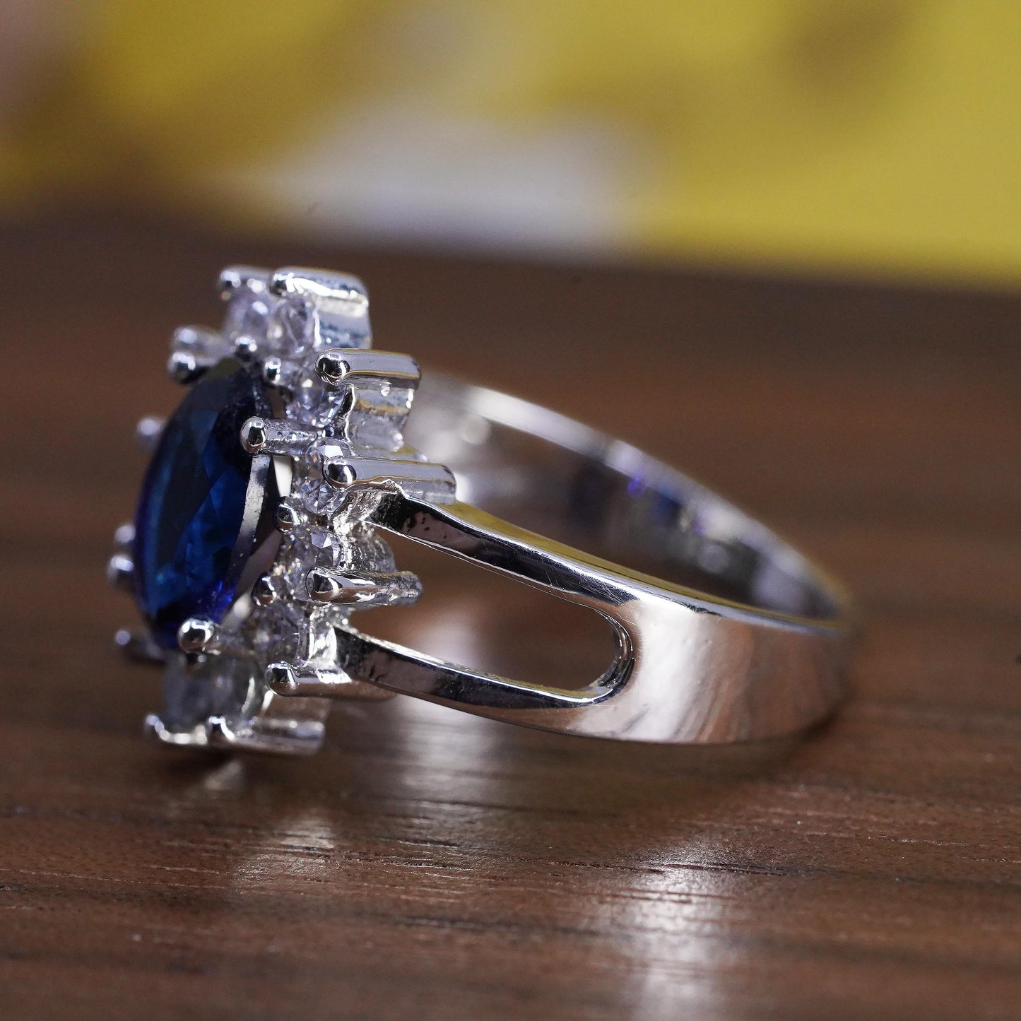 Size 7, Vintage Sterling Silver 925 Blue Sapphire Halo Ring, Oval CZ Cluster