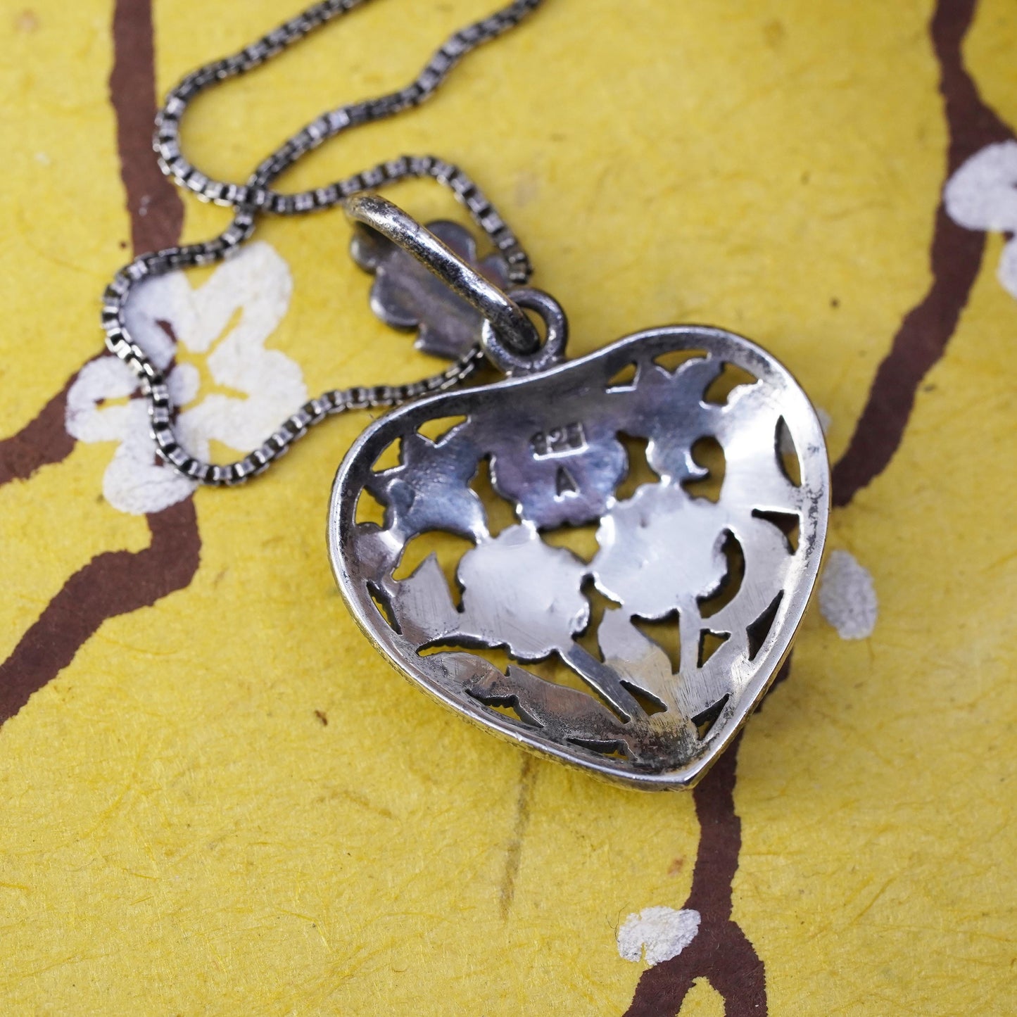 18" 1mm, Sterling silver necklace, 925 box chain with heart marcasite pendant