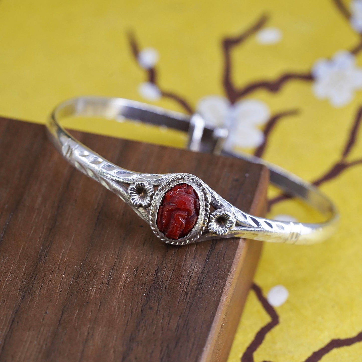 Vintage Sterling silver handmade bracelet, 925 baby bangle with carved cinnabar