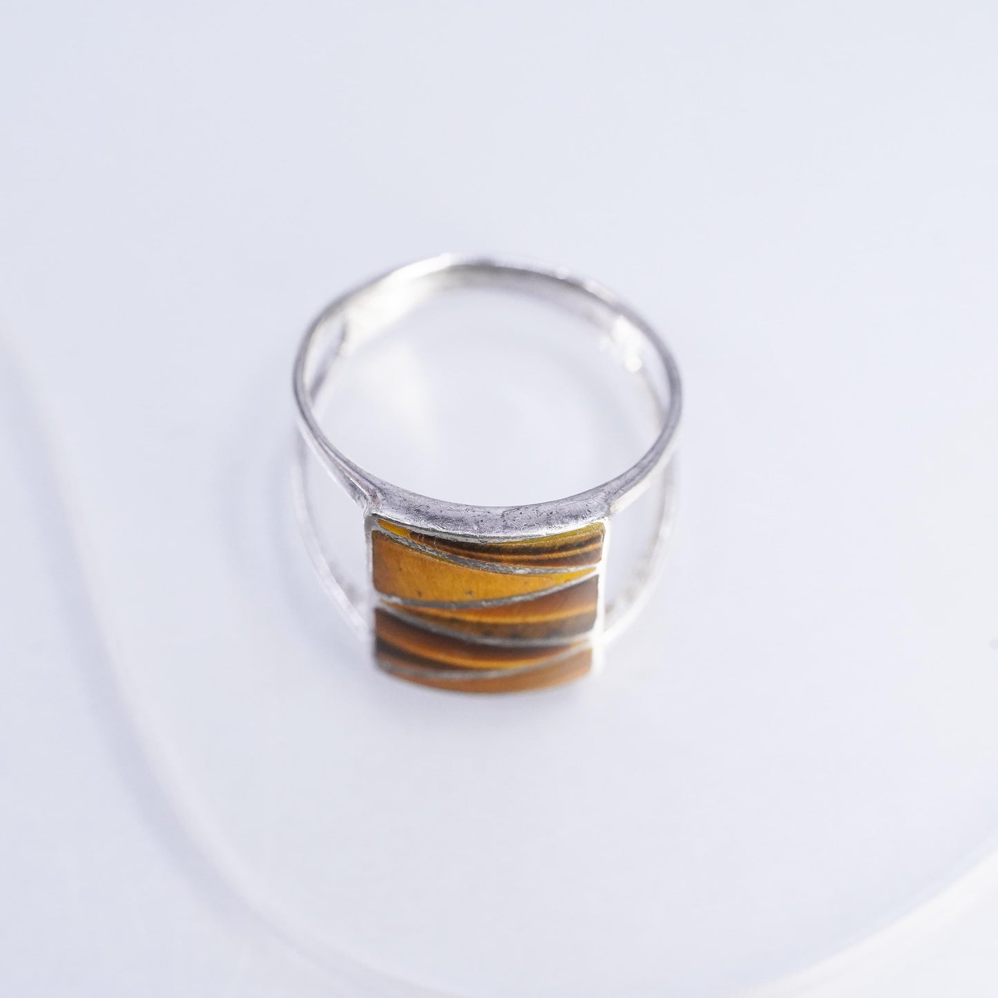 Size 8, vintage Sterling 925 silver handmade ring with golden tiger eye inlay