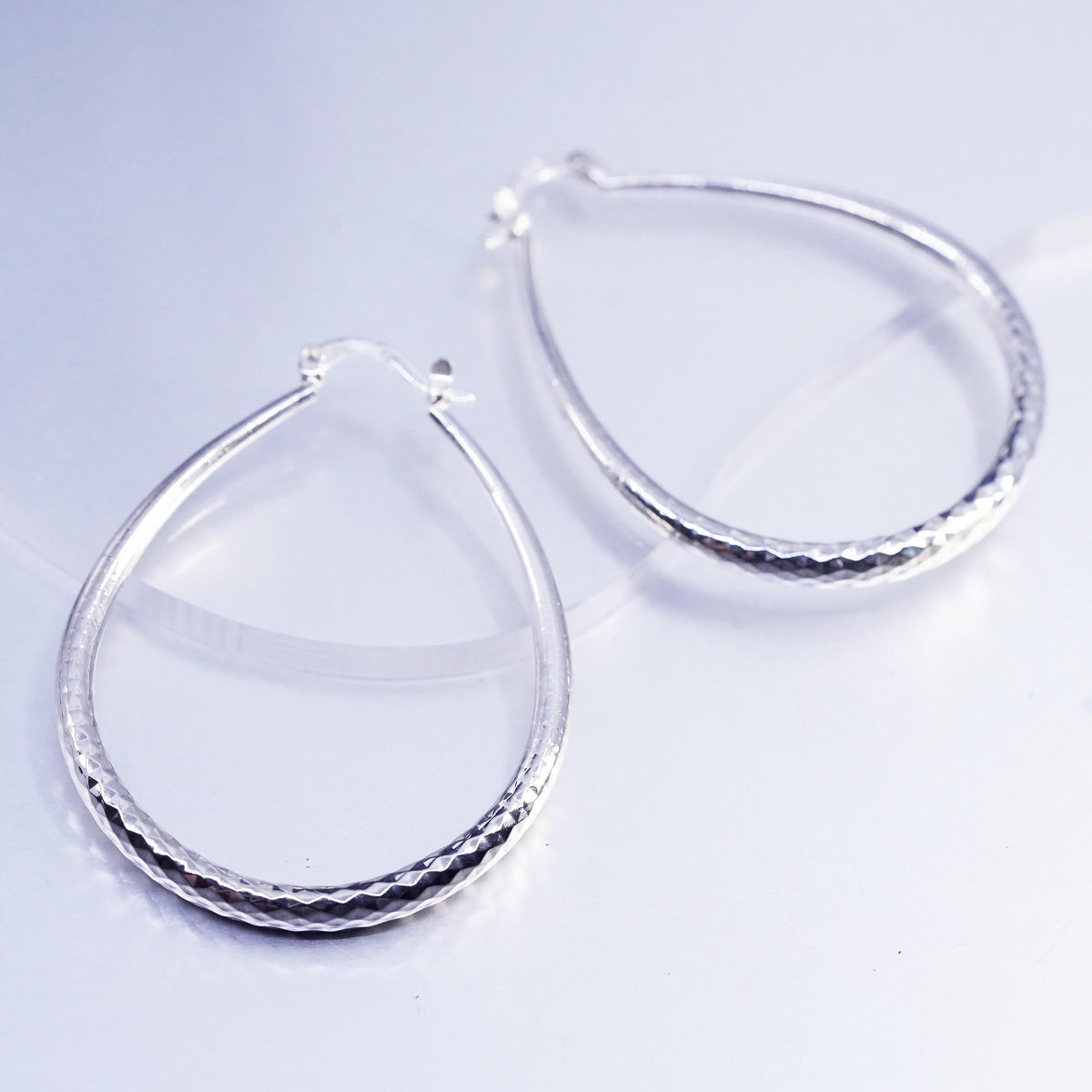 2", vintage Sterling silver handmade earrings, textured oval 925 hoops